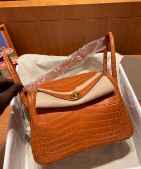 에르메스 린디백26 골드브라운 금장 악어가죽